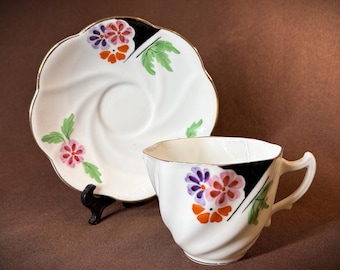 Vintage Rosina Tea Cup and Saucer Black Wedge Florals Gold.