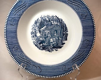 Currier Ives Blue 9" Serving Bowl "Maple Sugaring".
