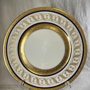 Rosedale porseleinen bord met goud ingelegde vergulde rand rand kobaltblauwe ringen.