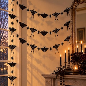 May include: A black paper garland featuring repeating cutouts of moths and four-pointed stars strung together. The decorative banner displays various moth silhouettes with delicate wing details and pointed star shapes, arranged in three horizontal rows.
