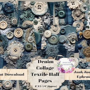 Textile Mix with Denim,  Collage, Printable Junk Journal, Half Papers, Scrapbooking, Supplies, Denim Digital Paper, Buttons, Sewing, Journal