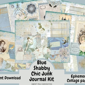 Shabby Chic, Blue, Junk Journal Kit, Ephemera, Digital, Download, Printable, Collage, Junk Journal Supplies, Vintage Paper, Handmade, box