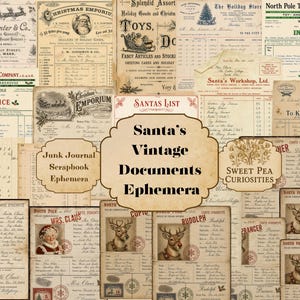 Könnte beinhalten: Eine Sammlung von weihnachtlichen Ephemera im Vintage-Stil mit gealterten Papierdokumenten, Rechnungen und Ausweisen für den Weihnachtsmann, Frau Weihnachtsmann und Rentiere. Der Text enthält Santa's Vintage Documents Ephemera.