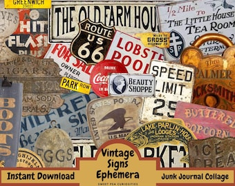 Junk Journal, Vintage Signs, Junk journal kit, Scrapbook, Mixed Media, Ephemera, Vintage paper, papercraft, Junk Journal Supplies, Printable