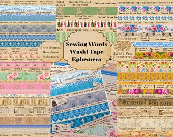 Sewing Words, Washi Tape, Journal Printable, Junk Journal Kit, Digital Download, Ephemera, Journal Pages, Digital download, Vintage