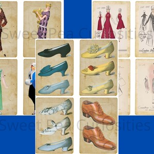 Pu&ograve; includere: Una collezione di illustrazioni di moda vintage con abiti e scarpe per donne. Le illustrazioni sono in stile retr&ograve; e presentano una variet&agrave; di colori e motivi. Le illustrazioni sono su uno sfondo testurizzato.