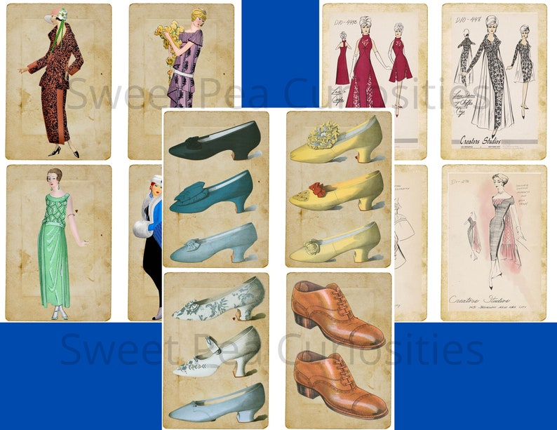Pu&ograve; includere: Una collezione di illustrazioni di moda vintage con abiti e scarpe per donne. Le illustrazioni sono in stile retr&ograve; e presentano una variet&agrave; di colori e motivi. Le illustrazioni sono su uno sfondo testurizzato.