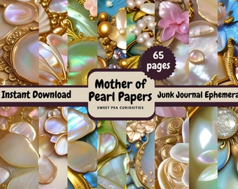 Junk Journal, Printable, Download, Digital, Papers, Mother of Pearl, Junk Journal Supplies, Collage, Mixed Media, Floral, Flowers, Scrapbook