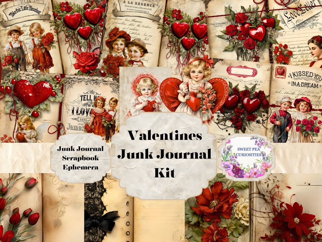 Junk Journal Valentines Vintage Ephemera Kit Printable Digital