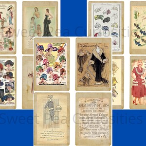 Pu&ograve; includere: Un collage vintage di immagini che presentano prodotti di moda e bellezza dei primi del Novecento. Il collage include immagini di cappelli, scarpe, abiti e pubblicit&agrave; di profumi. Le immagini sono in bianco e nero e in toni seppia, e sono stampate su uno sfondo di carta testurizzata.