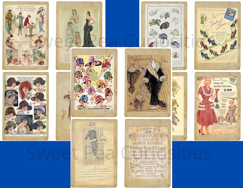Pu&ograve; includere: Un collage vintage di immagini che presentano prodotti di moda e bellezza dei primi del Novecento. Il collage include immagini di cappelli, scarpe, abiti e pubblicit&agrave; di profumi. Le immagini sono in bianco e nero e in toni seppia, e sono stampate su uno sfondo di carta testurizzata.