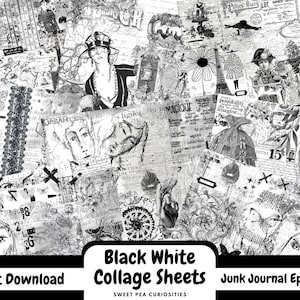 Junk Journal, Collage, Digital, Descargar, Imprimible, Efímero, Junk Journal Supplies, Mixed Media, Scrapbook, Negro, Blanco, Artesanía, Papel