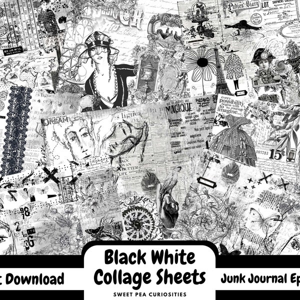 Junk Journal, Collage, Digital, Download, Printable, Ephemera, Junk Journal Supplies, Mixed Media, Scrapbook, Black, White, Craft, Paper