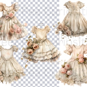 May include: Five vintage-style white dresses with ruffled layers and floral embellishments. The dresses are decorated with pink roses and have a faded, watercolor effect.