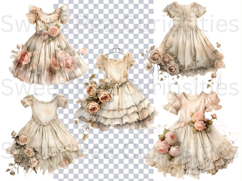 May include: Five vintage-style white dresses with ruffled layers and floral embellishments. The dresses are decorated with pink roses and have a faded, watercolor effect.