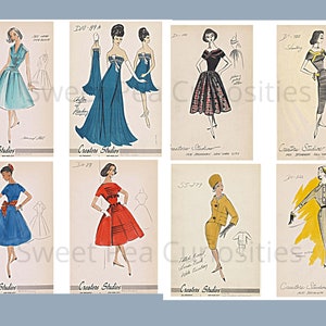 May include: Eight vintage fashion illustrations featuring women's clothing designs. The illustrations are in black and white and color, and feature a variety of styles, including dresses, skirts, and jackets. The illustrations are labeled with the designer's name, "Creators Studios", and the date.