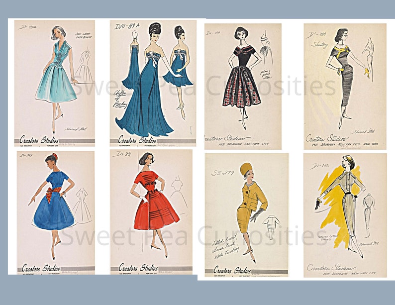 May include: Eight vintage fashion illustrations featuring women's clothing designs. The illustrations are in black and white and color, and feature a variety of styles, including dresses, skirts, and jackets. The illustrations are labeled with the designer's name, "Creators Studios", and the date.