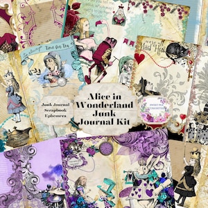 Alice au pays des merveilles, kit de journal indésirable, numérique, téléchargement, journal indésirable, collage, scrapbooking, pack, éphémères, étiquettes, pochettes, papier, vintage