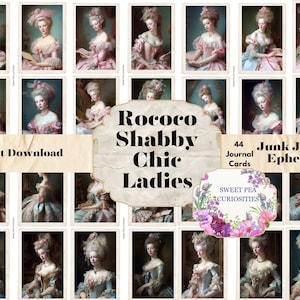 Puede incluir: 44 tarjetas digitales imprimibles con imágenes de mujeres con ropa de estilo rococó. Las tarjetas están etiquetadas como "Rococo Shabby Chic Ladies" y "Junk Journal Ephemera".
