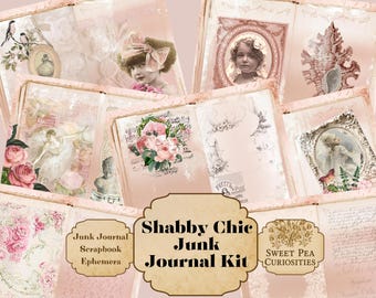 Shabby Chic, Rose Blush, Junk Journal, Kit, Digital, Nedladdning, Utskrivbar, Ephemera, Collage, Scrapbook, Junk Journal-tillbehör, Rosa, Vintage