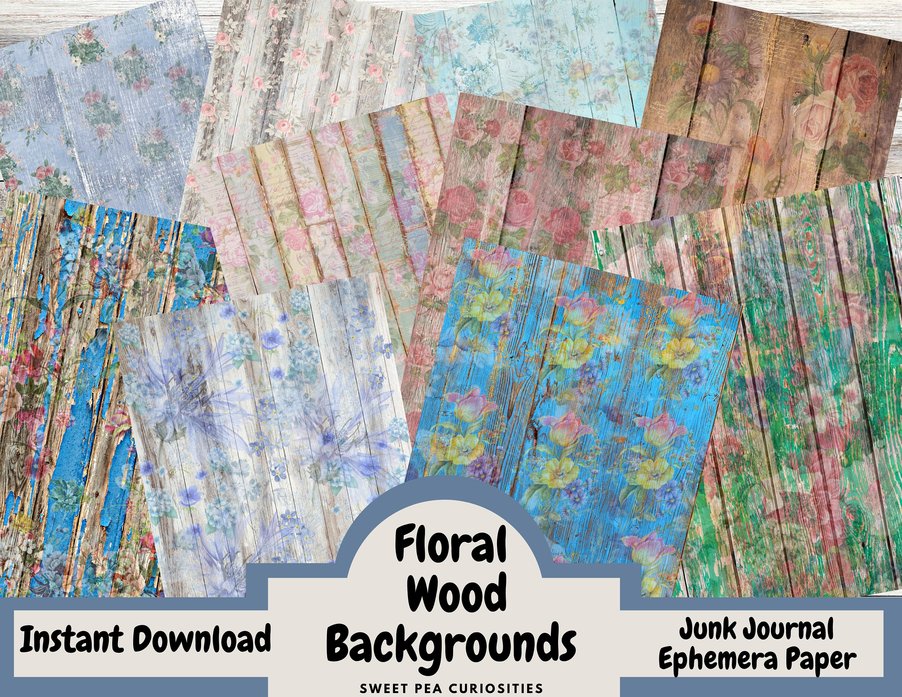 Printable Digital Ephemera Junk Journal kit Download Mixed Media Scrapbook Floral Wood Backgrounds Art Collage Junk Journal Paper