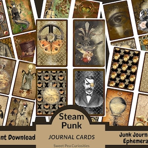 Steampunk, Junk Journal, Cartões de diário, Livro, Digital, Download, Para impressão, Suprimentos de lixo para diário, Coisas efêmeras, Colagem, Álbum de recortes, Grunge