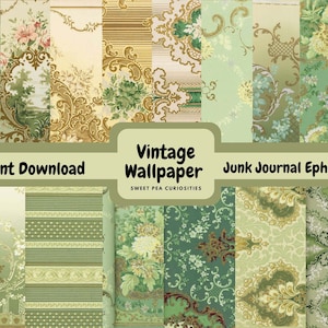 Vintage Tapete, Digital, Download, druckbar, Junk Journal Zubehör, Ephemera, Mischtechnik, Collage, Junk Journal, Floral, Grün, Papier