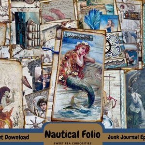 Folio nautique, Journal indésirable, Numérique, Télécharger, Imprimable, Éphémères, Sirènes, Collage, Scrapbook, Fournitures de journal indésirable, Techniques mixtes, Mer