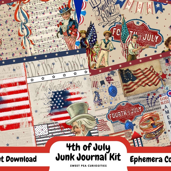 Junk journal kit, 4th of July, Junk journal, ephemera, Junk journal ephemera, vintage ephemera, Mixed media, gluebook, Junk journal pack
