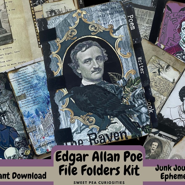 Edgar Allan Poe, Papier, Bestandsmappen, Zakken, Tags, Kit, Digitaal, Download, Afdrukbaar, Junk Journal, Collage, Scrapbook, Benodigdheden, Ephemera