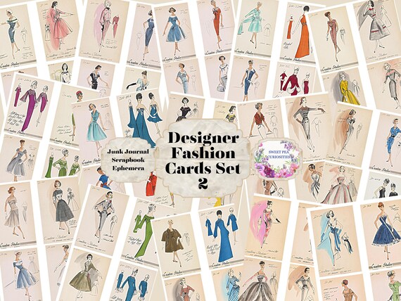 Designer Fashion Cards Set 2, Vintage, Download, Printable, Digital, Junk Journal, Collage, Scrapbook, Ephemera, Junk Journal kit, Paper