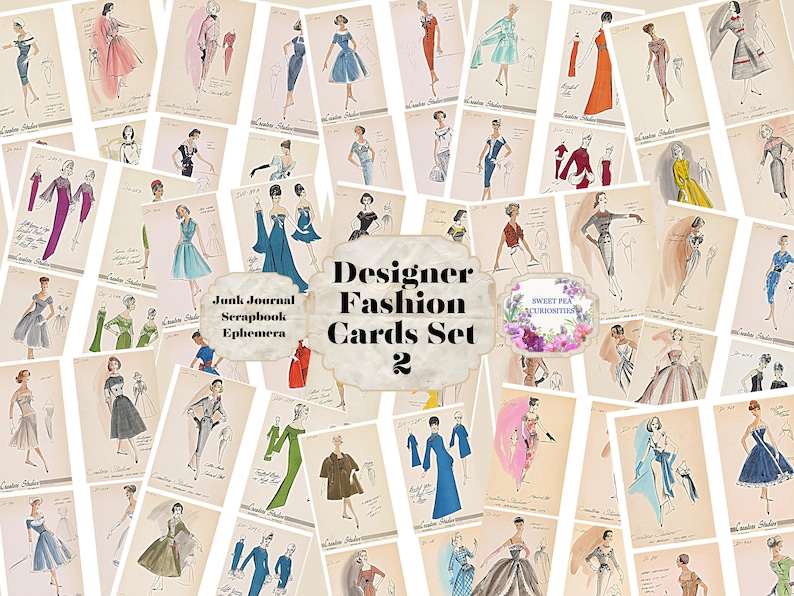 May include: A set of 24 vintage fashion illustration cards featuring women's clothing designs. The cards are printed on a cream-colored background with black text that reads "Designer Fashion Cards Set 2".