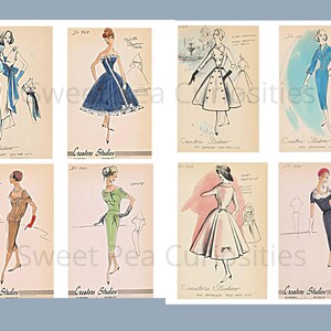 May include: A collection of eight vintage fashion illustrations featuring women wearing different styles of dresses. The illustrations are in black and white with touches of color, and they are set against a light background. The illustrations are labeled with the text "Creators Studios" and a design number.