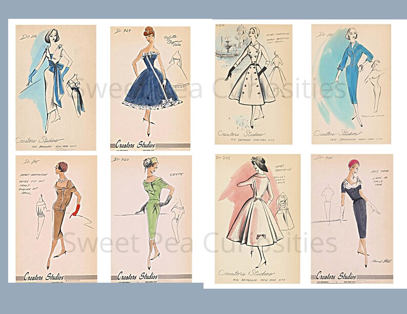 May include: A collection of eight vintage fashion illustrations featuring women wearing different styles of dresses. The illustrations are in black and white with touches of color, and they are set against a light background. The illustrations are labeled with the text "Creators Studios" and a design number.