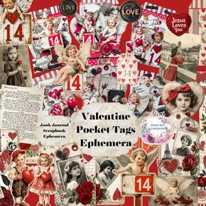 Valentine, Pocket Tags,, Junk Journal Kit, Digital, Download, Printable, Junk Journal, Hearts, Collage, Scrapbook, Ephemera, Paper