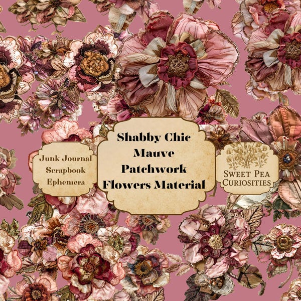 Flowers, Patchwork, Material, Digital, Download, Printable, Junk Journal, Collage, Scrapbook, Ephemera, Paper, Shabby Chic, Journal, Mauve