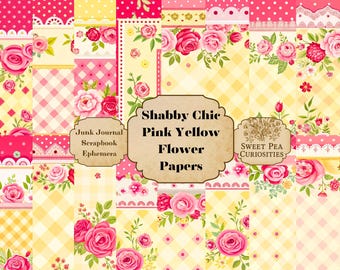 Pink, Yellow , Paper, Junk Journal Kit, Digital, Download, Printable, Junk Journal, Grungy, Scrapbook, Ephemera, Mixed Media, Shabby Chic