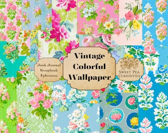 Behang, kleurrijk, papier, Junk Journal Kit, Digitaal, Download, Afdrukbaar, Junk Journal, Plakboek, Tijdelijke verschijnselen, Gemengde media, Shabby Chic