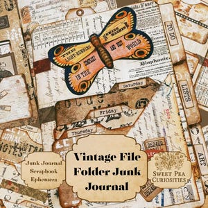 Vintage, papier, chemises de classement, pochettes, étiquettes, kit, numérique, téléchargement, imprimable, journal indésirable, collage, scrapbooking, fournitures, éphémères