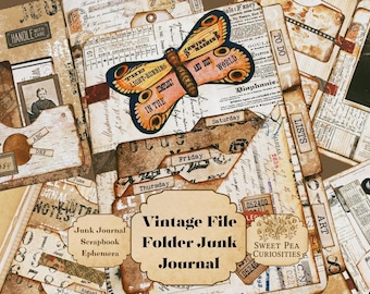 Vintage, Papel, Carpetas, Bolsillos, Etiquetas, Kit, Digital, Descarga, Imprimible, Diario de recortes, Collage, Álbum de recortes, Materiales, Efímera