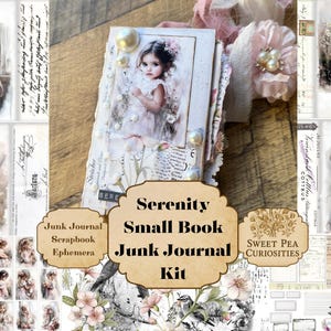 セレニティ、小さな本、ジャンクジャーナルキット、デジタル、ダウンロード、印刷可能、ジャンクジャーナル、ハート、コラージュ、スクラップブック、エフェメラ、紙