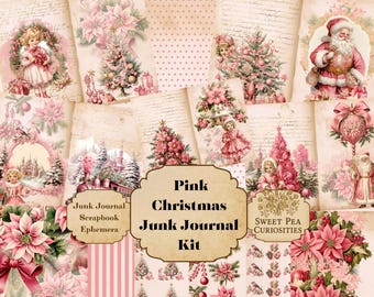 Junk Journal Kit, Junk Journal, Printable, Digital, Download, Junk Journal ephemera, Collage, Scrapbook, Christmas, Pink Christmas, Vintage