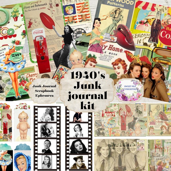 Junk Journal kit, 1940's , Download, Printable, Digital, Ephemera, Collage, Scrapbook, Journal Supplies, Vintage, Retro, Mid Century, Paper