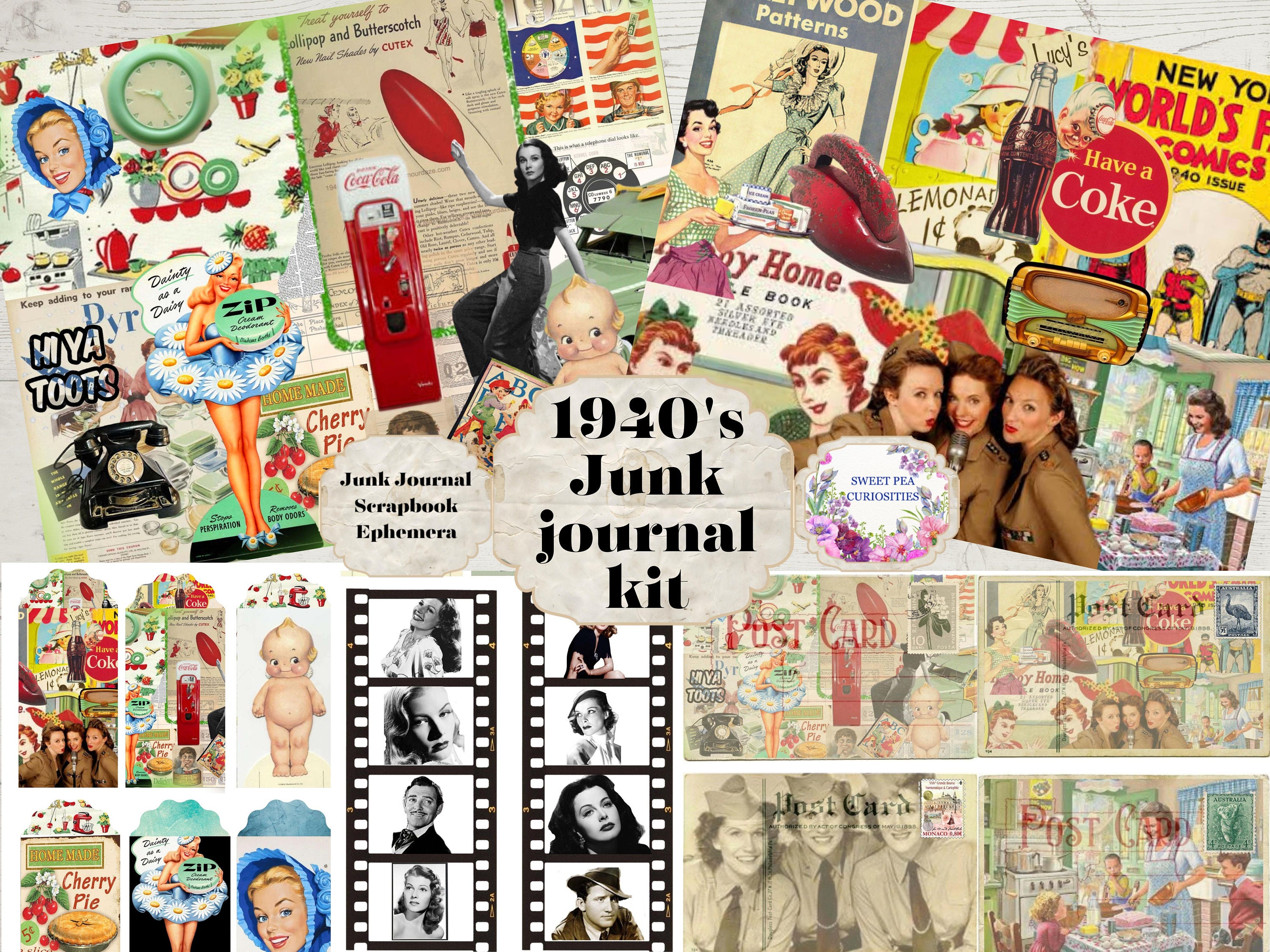 Junk Journal Kit, 1940's , Download, Printable, Digital, Ephemera