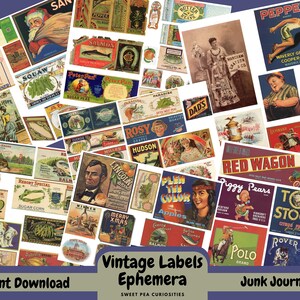 Vintage Etiketten, Digital, Download, druckbar, Junk Journal Zubehör, Ephemera, Papier, Werbung, Lebensmittel, Mischtechnik, Collage, Scrapbook
