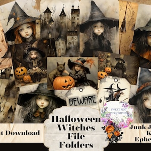 9、ハロウィーンの魔女のファイルフォルダー、ポケット、タグ、キット、デジタル、ダウンロード、印刷可能、ジャンクジャーナル、コラージュ、スクラップブック、用品、エフェメラ