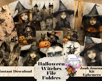 9, Halloween Witches File Folders, Pockets, Tags, Kit, Digital, Download, Printable, Junk Journal, Collage, Scrapbook, Supplies, Ephemera