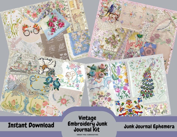 Embroidery, Sewing, Junk Journal, Kit, Printable, Download, Digital,  Ephemera, Collage, Journal Supplies, Vintage, Fabric, Material, Lace 