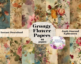 Printable, Download, Digital, Grunge, Flowers,  Junk Journal, Supplies, Mixed Media, Kit, Ephemera, Collage, Vintage, Papers, Scrapbook