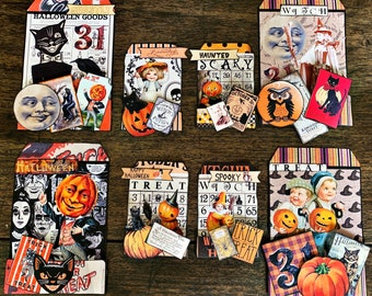 Halloween Pocket Tags, Autumn, Loaded Envelope, Junk Journal Kit, Printable Ephemera, Collage Sheet, Paper, Vintage, Scrapbook, Download